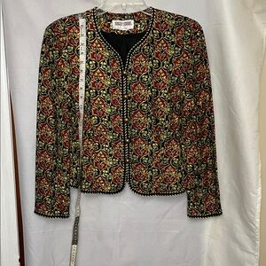 Maggy London Silk Red and Gold Patterned Blazer with black and gold trim